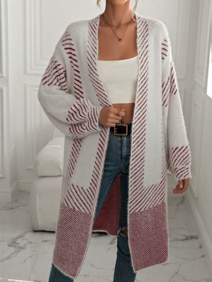Winter Fashion Geometric Pattern Long Sleeve Burgundy Cardigan