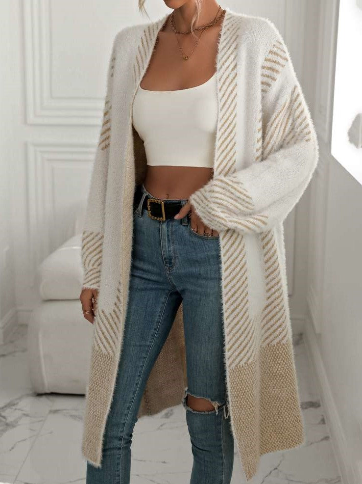 Winter Fashion Geometric Pattern Long Sleeve Beige Cardigan
