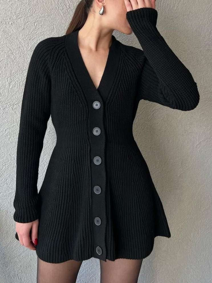 Winter Fashion Long Sleeve Single Breasted Black Dress