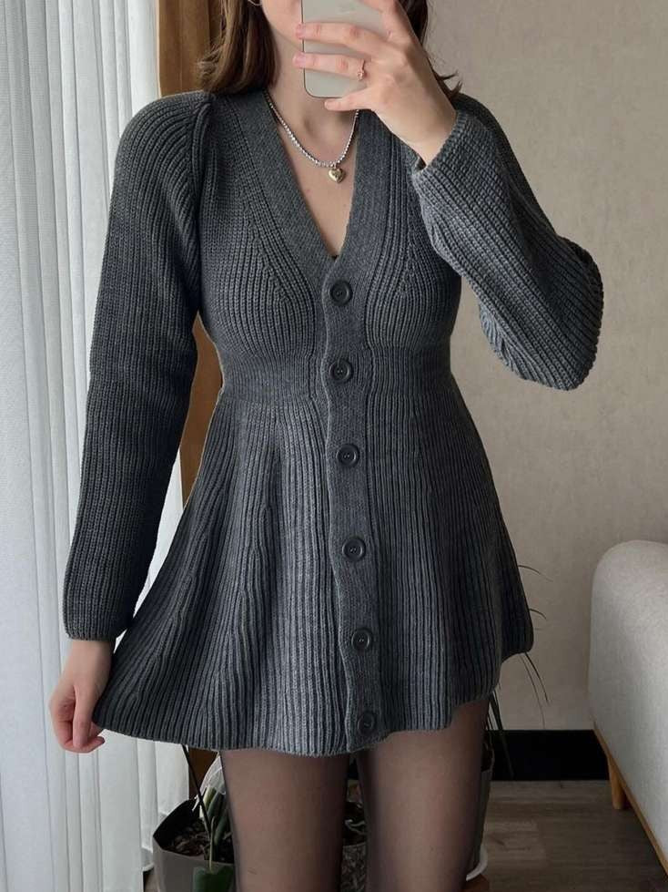 Winter Fashion Long Sleeve Single Breasted Grey Dress