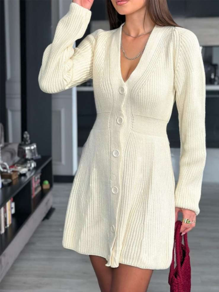 Winter Fashion Long Sleeve Single Breasted White Dress