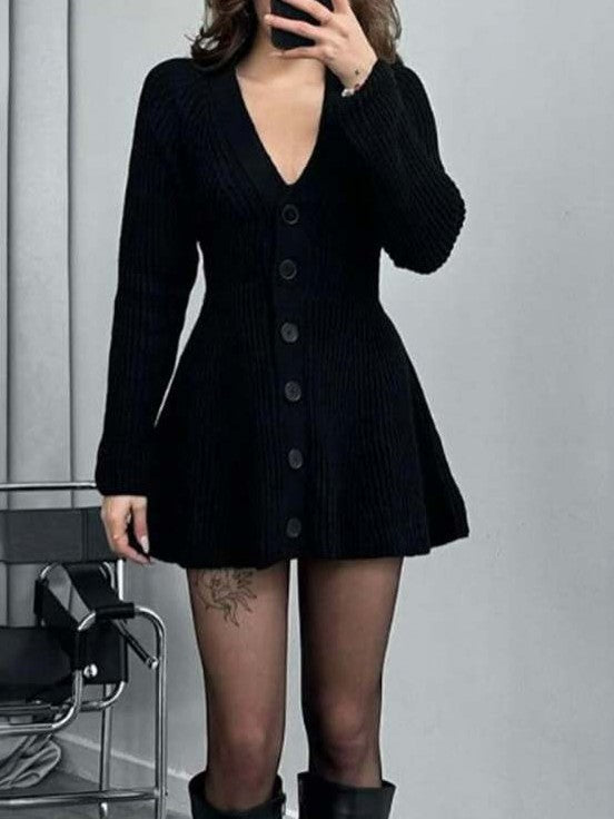 Winter Fashion Long Sleeve Single Breasted Black Dress