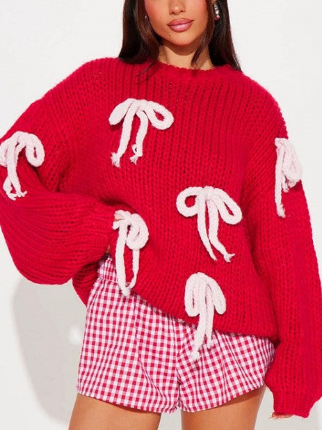 Winter Style Bow Patchwork Loose Sweater - Ships in 24 Hrs