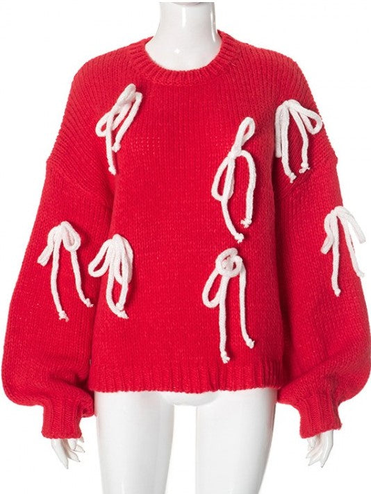 Winter Style Bow Patchwork Loose Sweater - Ships in 24 Hrs