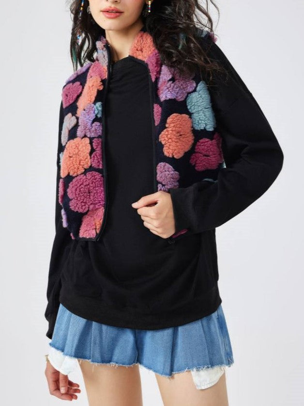 Winter Style Flower Zipper Cropped Black Vest