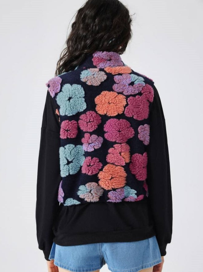 Winter Style Flower Zipper Cropped Black Vest