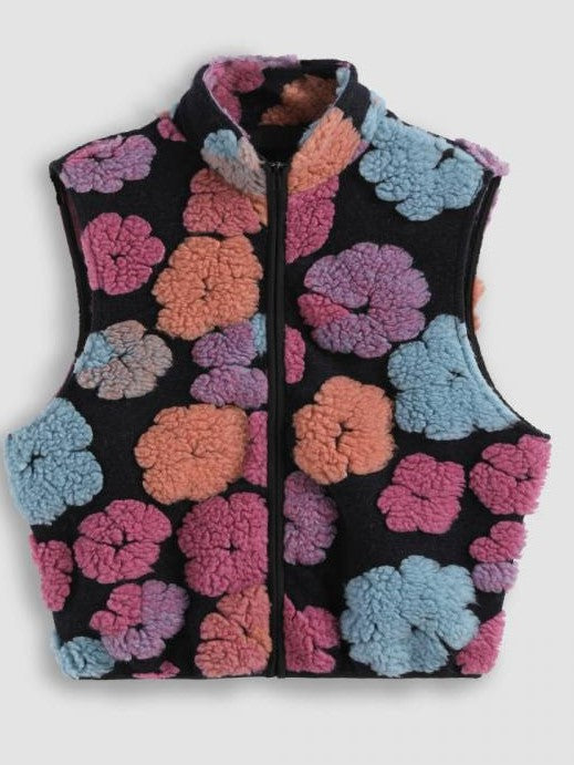 Winter Style Flower Zipper Cropped Black Vest