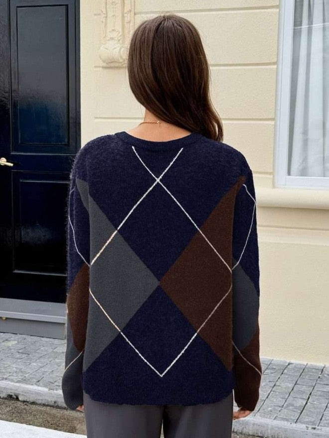 Winter Style Rhombus Lattice V Neck Blue Pullover Sweater