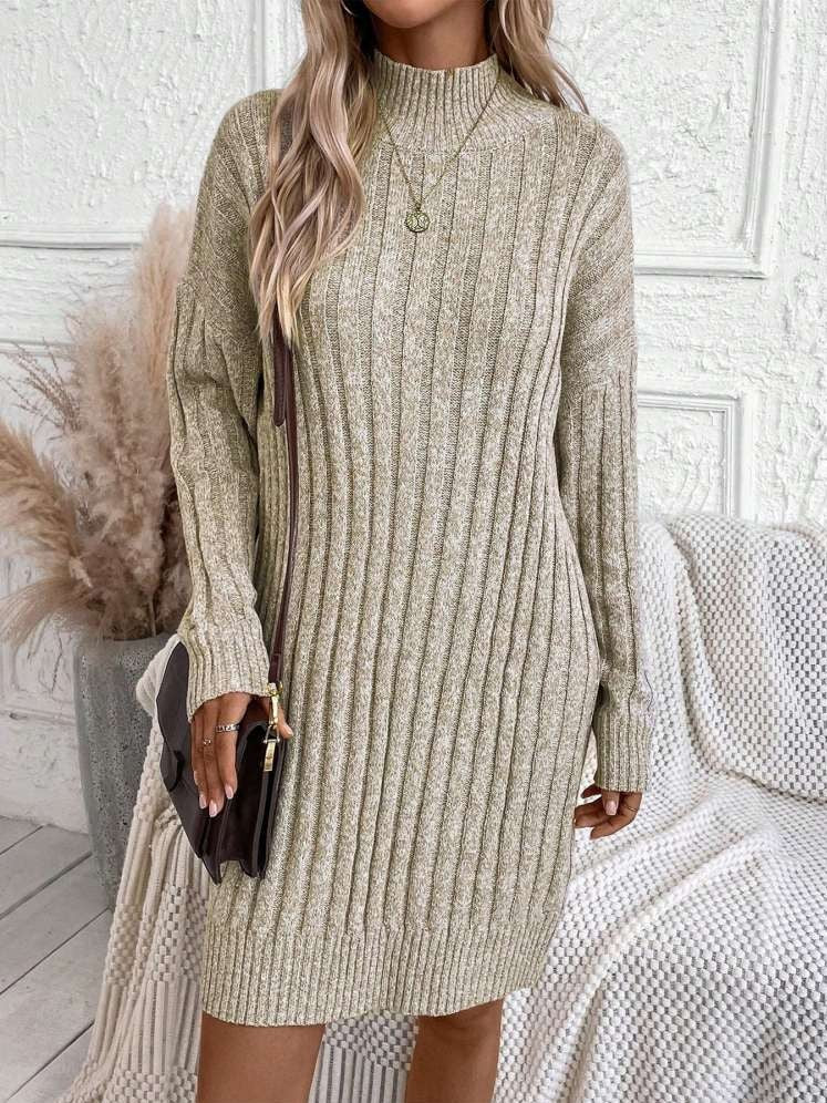 Winter Style Turtle Neck Long Sleeve Apricot Dress