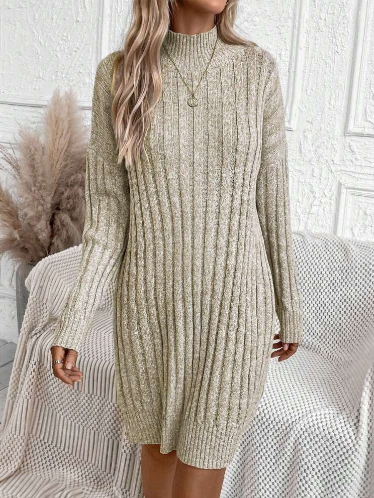Winter Style Turtle Neck Long Sleeve Apricot Dress