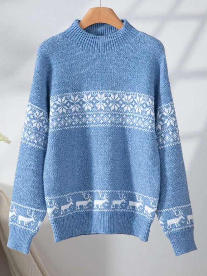 Winter Wear Snowflake Reindeer Mock Neck Long Sleeve Blue Sweater