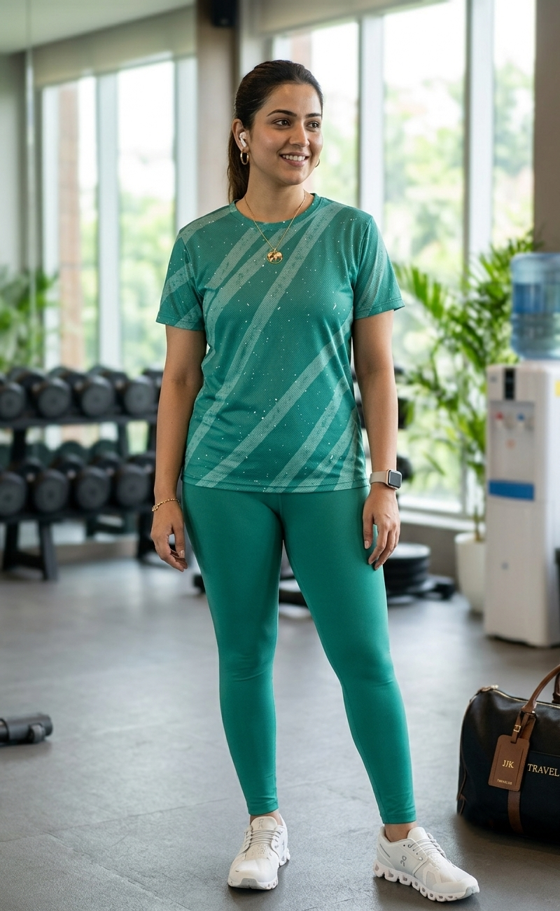 Sporty Abstract Print | Activewear Coord Set Tshirt With Tummy Tuck Green Leggings | Multi Sport | Odour Free