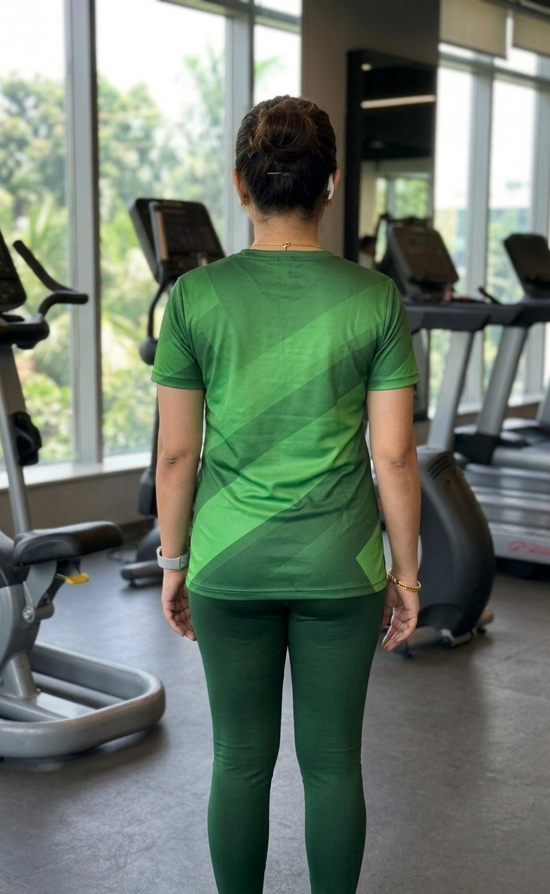 Classic Slant Lines Print | Activewear Coord Set Tshirt With Tummy Tuck Green Leggings | Multi Sport | Odour Free