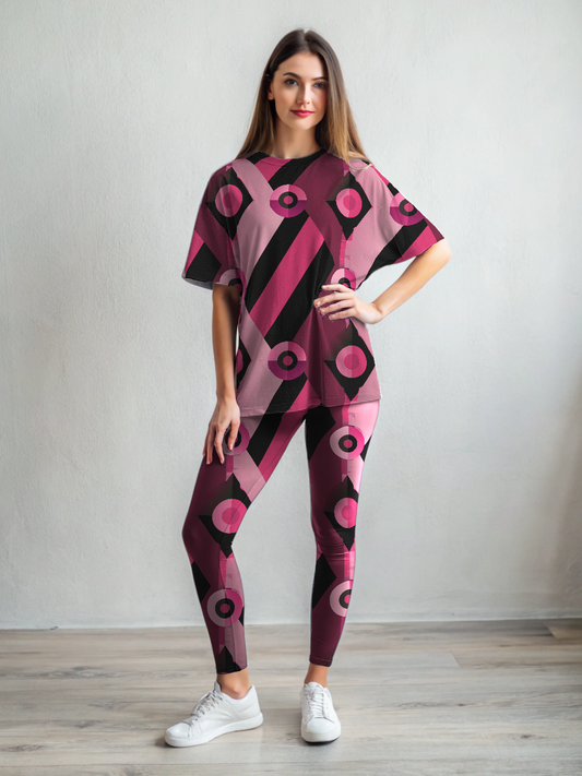 Stylish Abstract Print Premium Oversized Tee With Tummy Tuck Body Shaping Leggings Co-ord Set