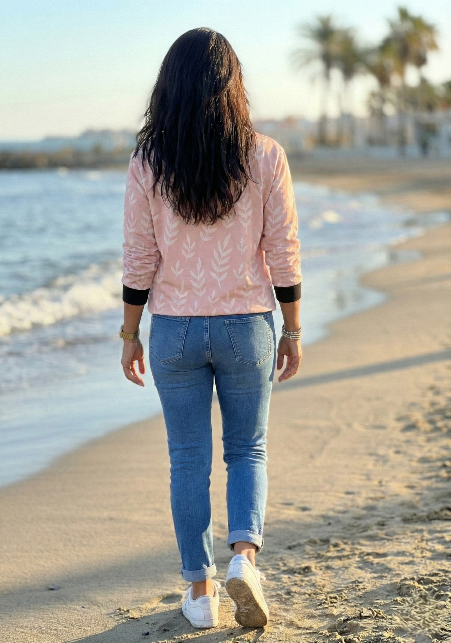 Sweet Pink Leaf Print Sweatshirt