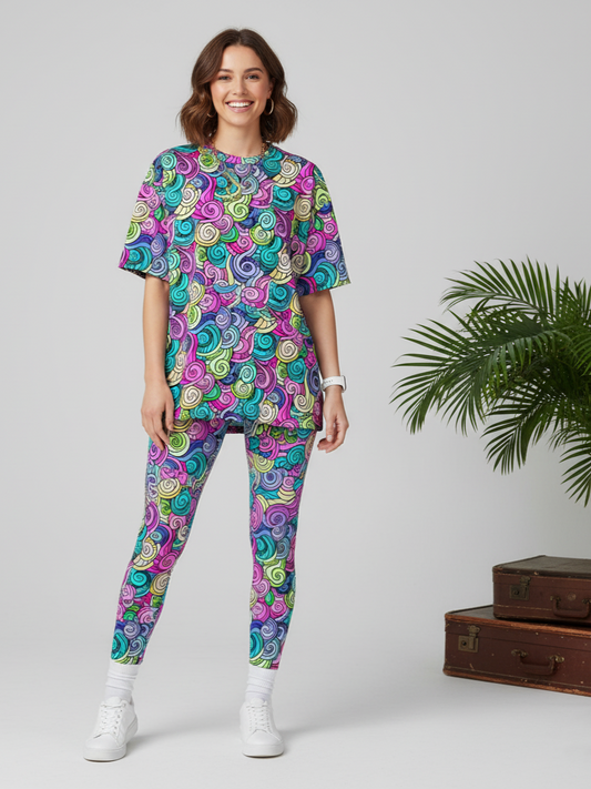 Delightful Swirl Print Premium Oversized Tee With Tummy Tuck Body Shaping Leggings Co-ord Set