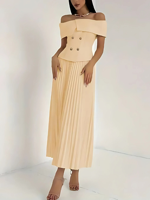 Beautiful Off Shoulder Button Up Pleated Skirt Set