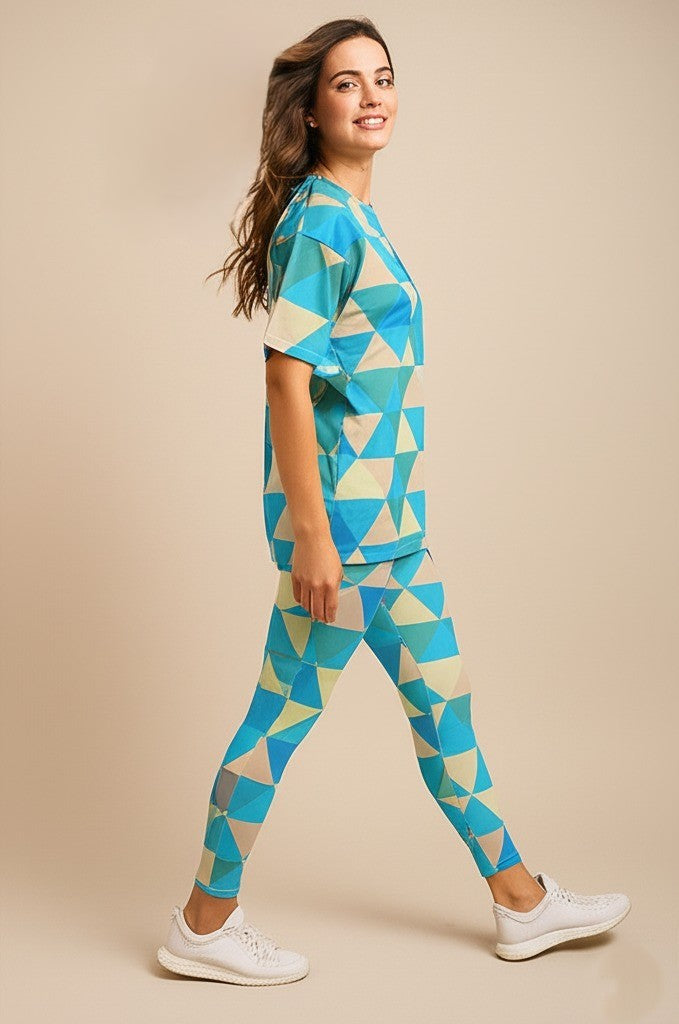 Vibrant Geometric Print Premium Oversized Tee With Tummy Tuck Body Shaping Leggings Co-ord Pink Set