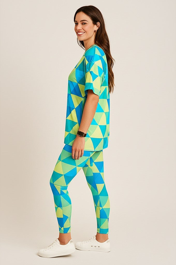 Vibrant Geometric Print Premium Oversized Tee With Tummy Tuck Body Shaping Leggings Co-ord Blue Set