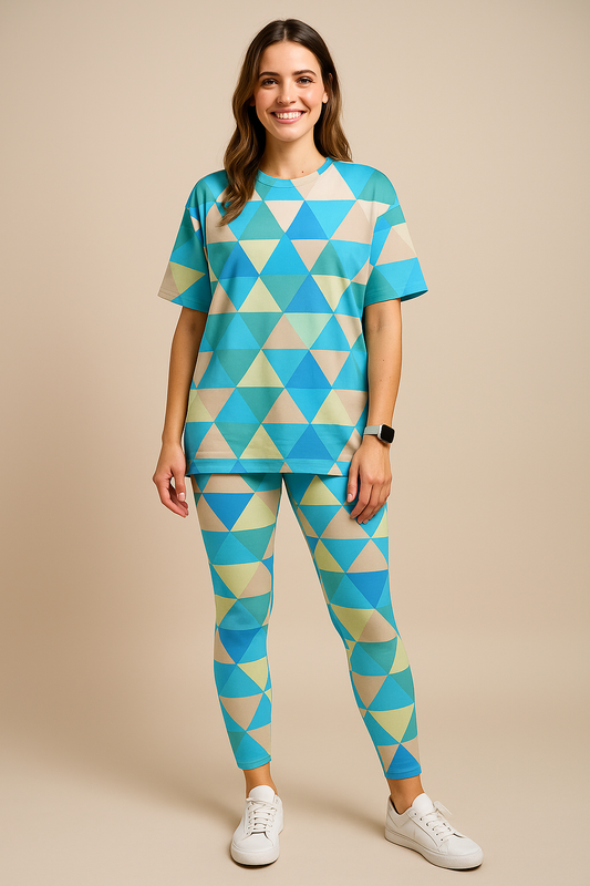 Vibrant Geometric Print Premium Oversized Tee With Tummy Tuck Body Shaping Leggings Co-ord Pink Set