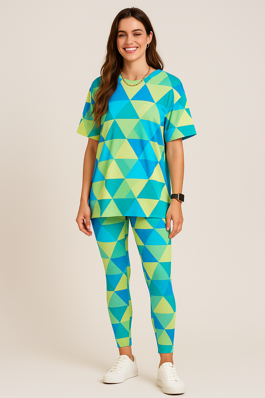 Vibrant Geometric Print Premium Oversized Tee With Tummy Tuck Body Shaping Leggings Co-ord Blue Set