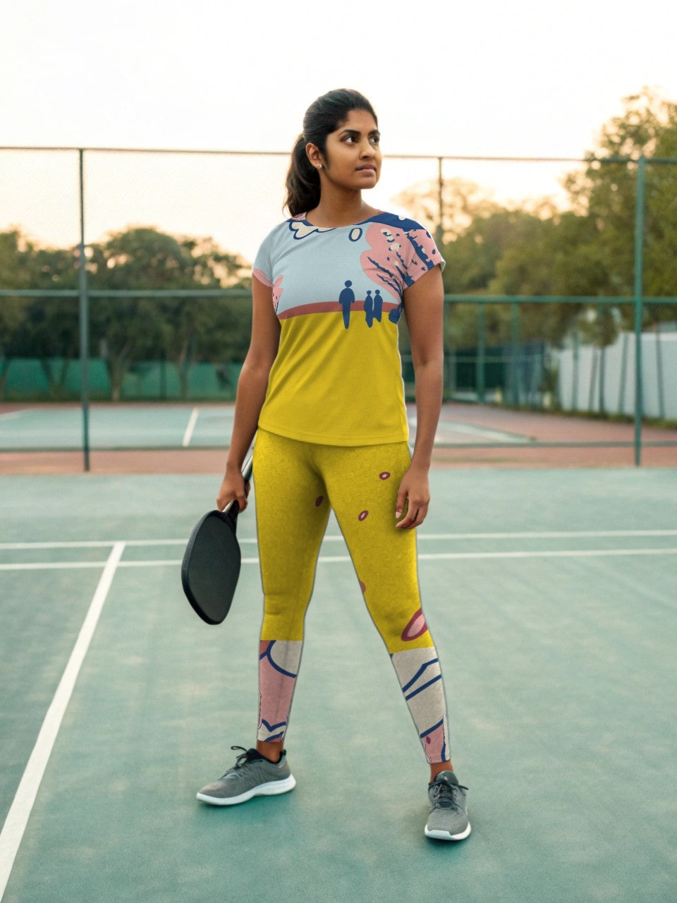 Pickleball | Paddleball | Activewear Coord Set Tshirt With Tummy Tuck Leggings | Yellow Cherry Blossom Print