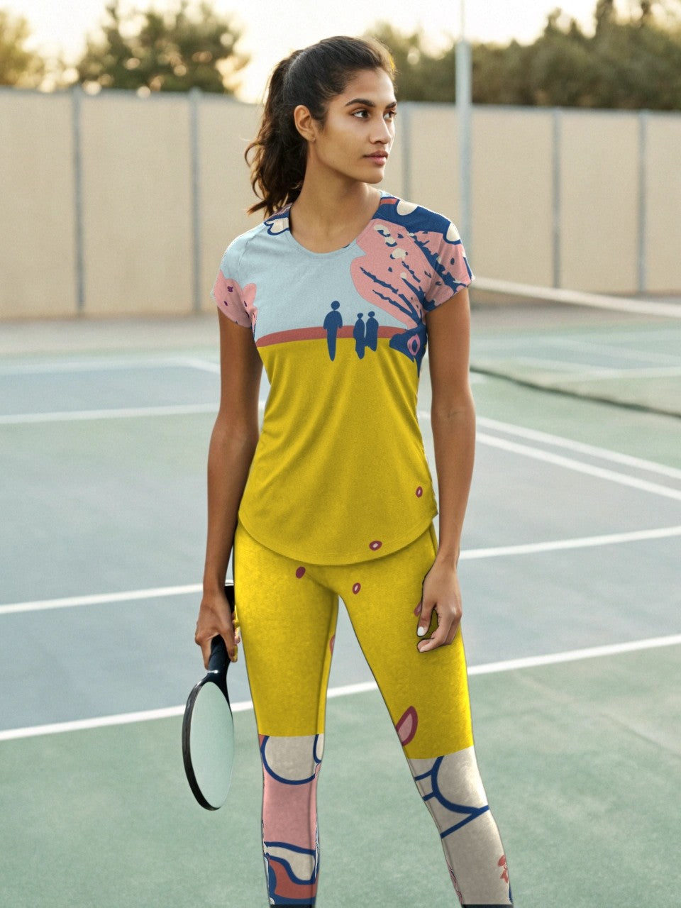 Pickleball | Paddleball | Activewear Coord Set Tshirt With Tummy Tuck Leggings | Yellow Cherry Blossom Print