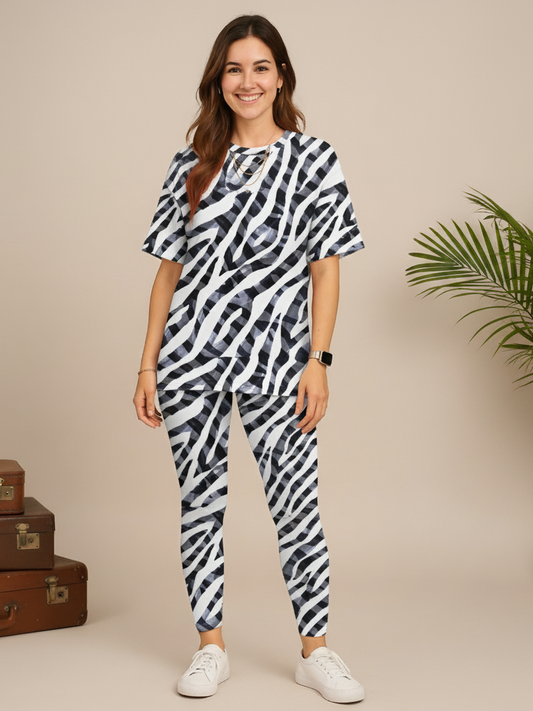 Smart Zebra Print Premium Oversized Tee With Tummy Tuck Body Shaping Leggings Co-ord Set