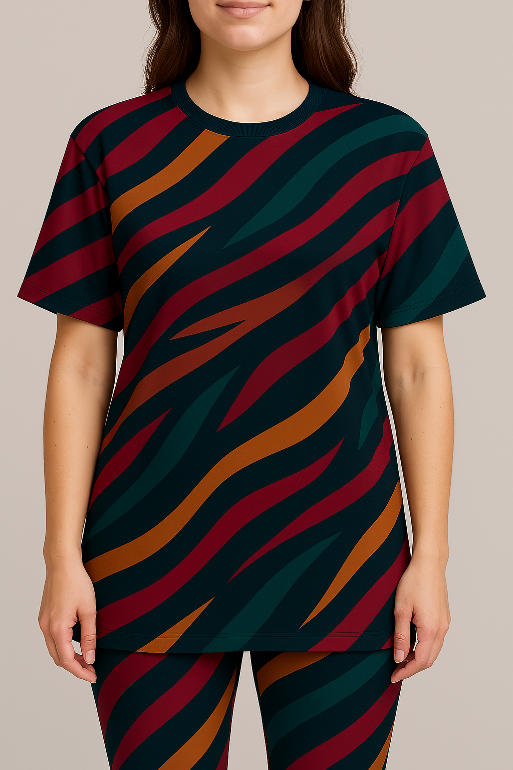 Trendy Waves Print Premium Oversized Tee With Tummy Tuck Body Shaping Leggings Co-ord Set