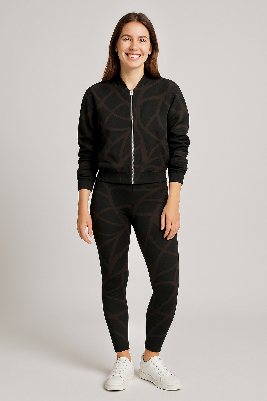 Unique Leaf Print Bomber Jacket With Leggings Black Co Ord Set
