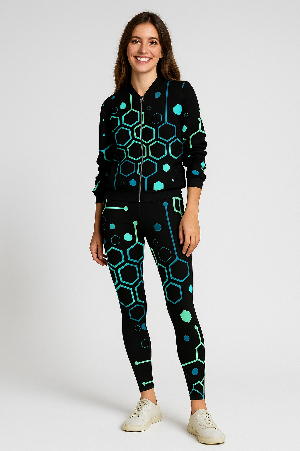Stylish Hexagon Print Bomber Jacket With Leggings Black Co Ord Set