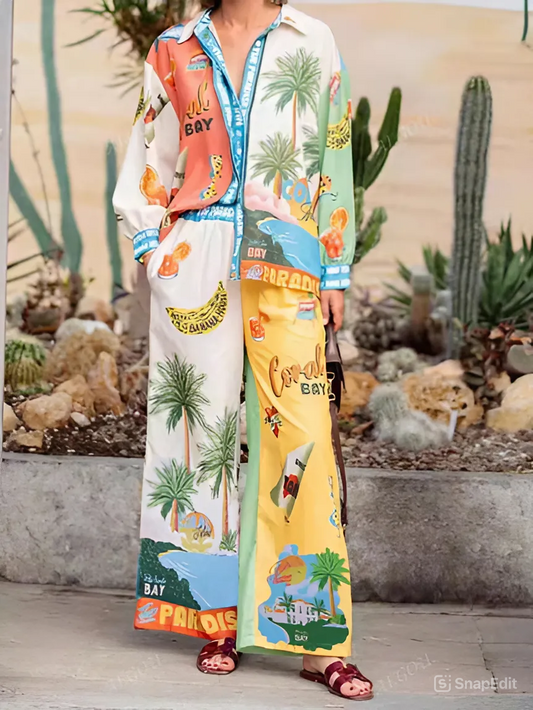 Quirky Beach Print Pants Co Ord Set