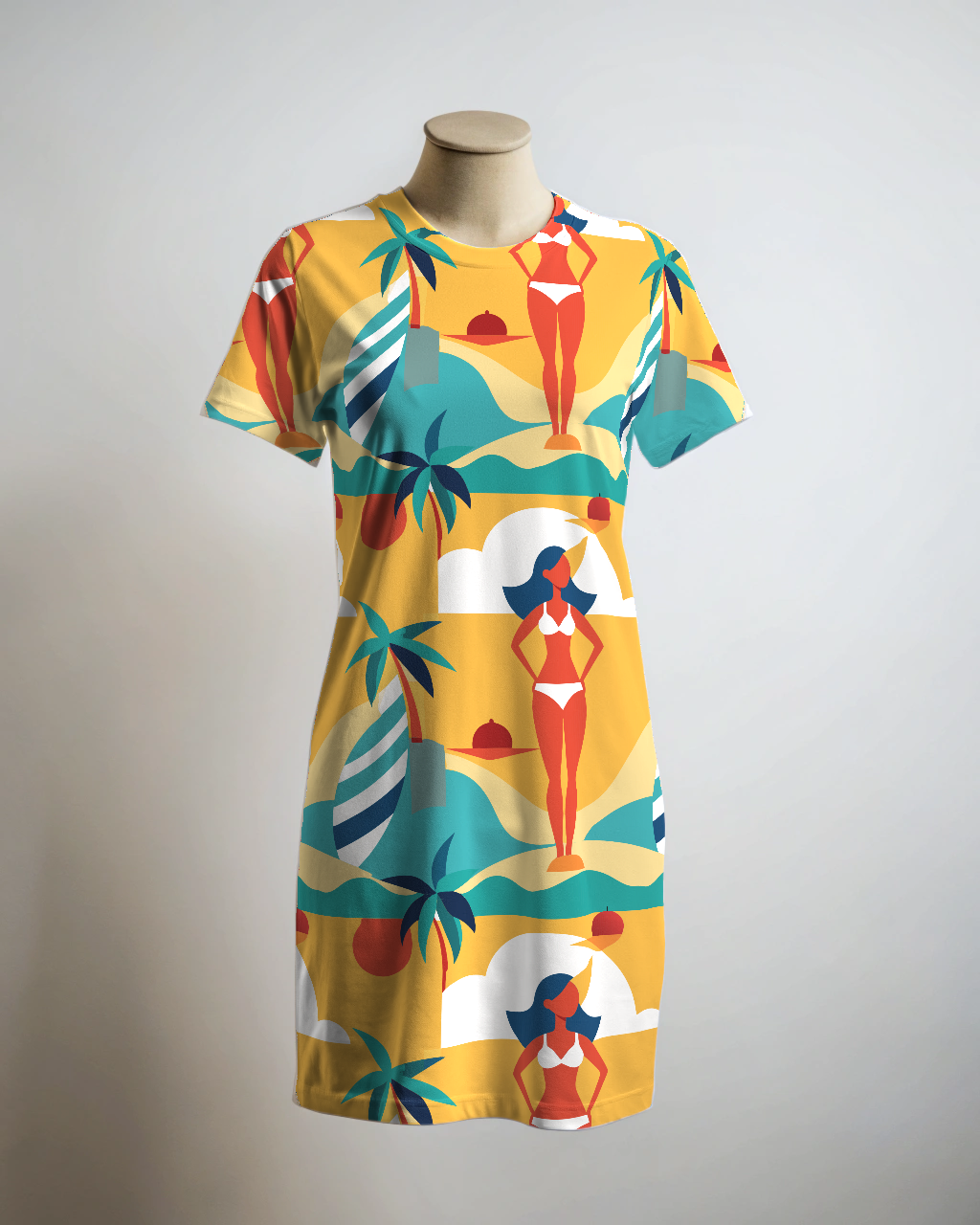 Chic Beach Wear Bikini Print Yellow T Shirt Dress