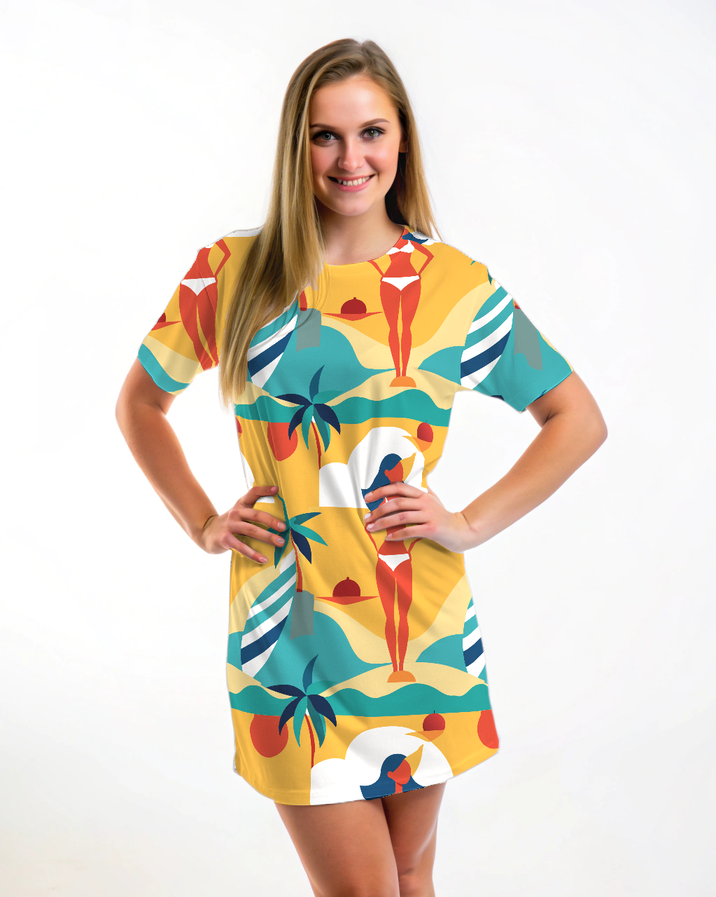 Chic Beach Wear Bikini Print Yellow T Shirt Dress