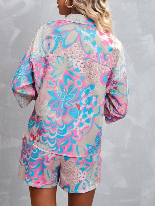 Bohemian Style Floral Print Shirt And Shorts Pink Set