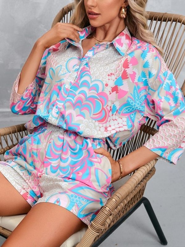 Bohemian Style Floral Print Shirt And Shorts Pink Set