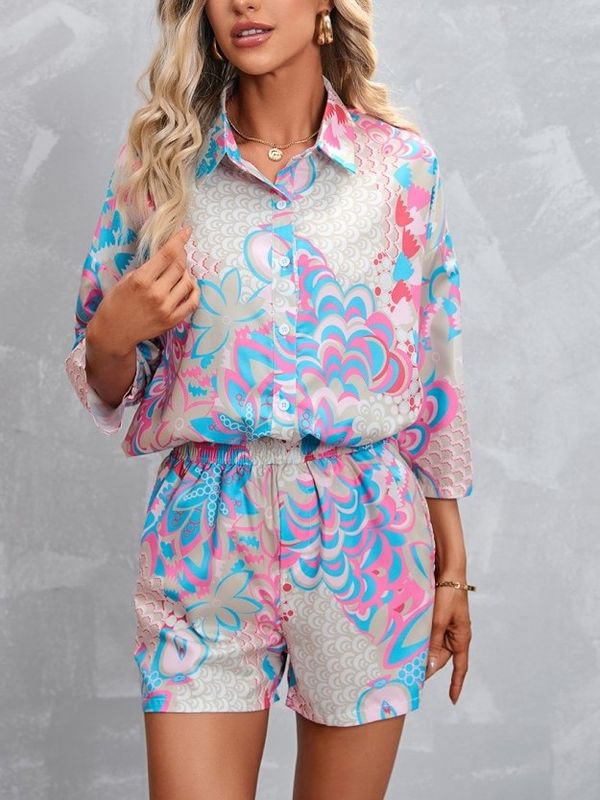 Bohemian Style Floral Print Shirt And Shorts Pink Set