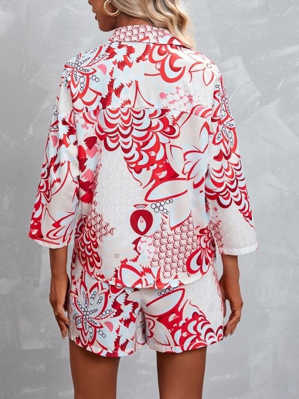 Bohemian Style Floral Print Shirt And Shorts Red Set