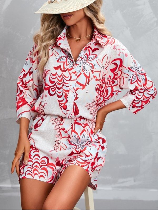 Bohemian Style Floral Print Shirt And Shorts Red Set