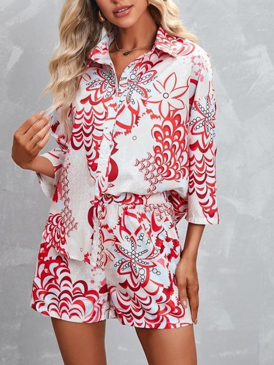 Bohemian Style Floral Print Shirt And Shorts Red Set