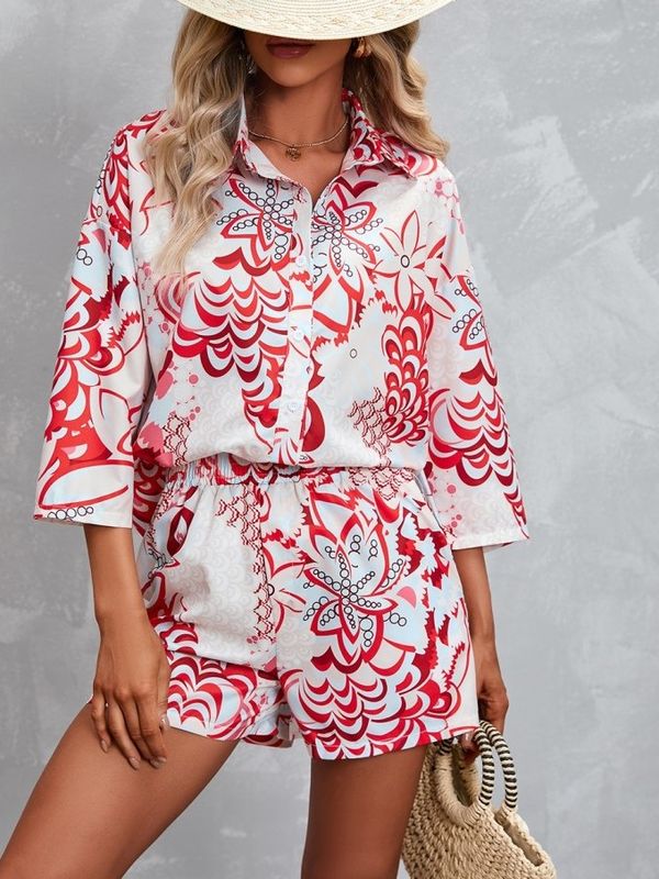 Bohemian Style Floral Print Shirt And Shorts Red Set