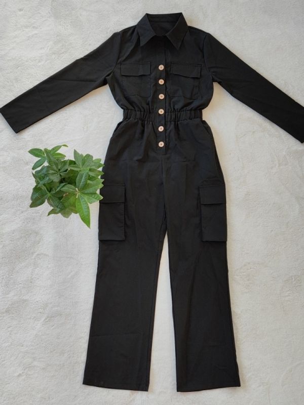 Casual Long Sleeve Black Button Decor Jumpsuit - Ships in 24 Hrs