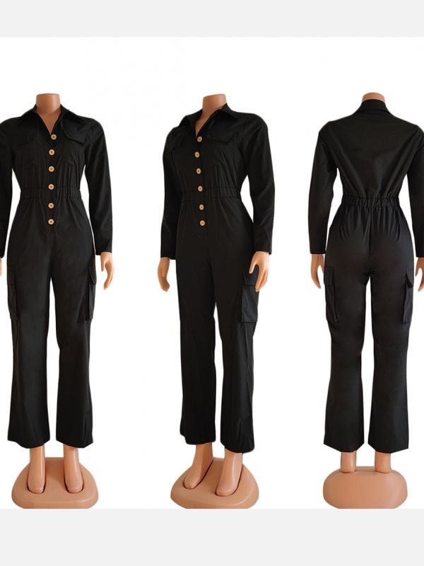 Casual Long Sleeve Black Button Decor Jumpsuit - Ships in 24 Hrs