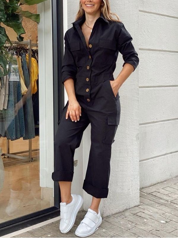 Casual Long Sleeve Black Button Decor Jumpsuit - Ships in 24 Hrs