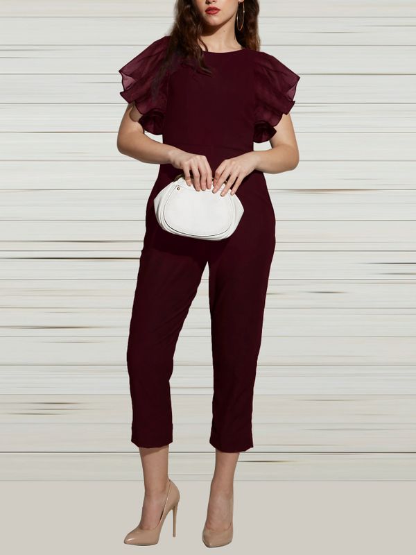 Classy Wine Red Double Ruffle Evening Jumpsuit - Ships in 24 Hrs