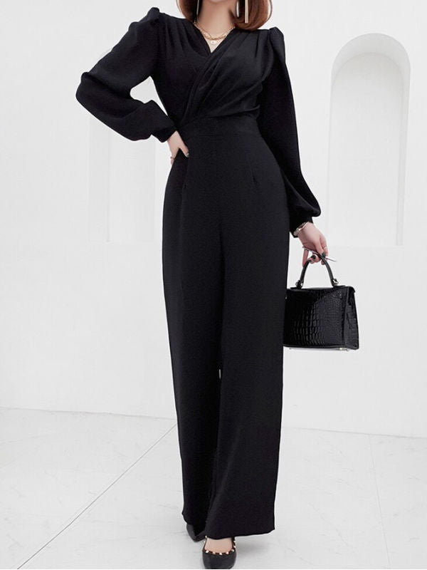 Elite V Neck Wide Leg High Waist Black Jumpsuit