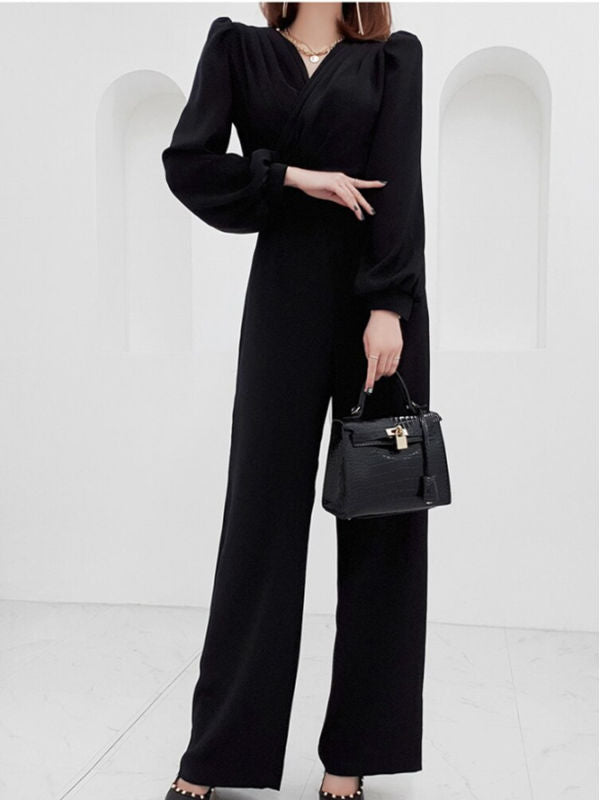 Elite V Neck Wide Leg High Waist Black Jumpsuit