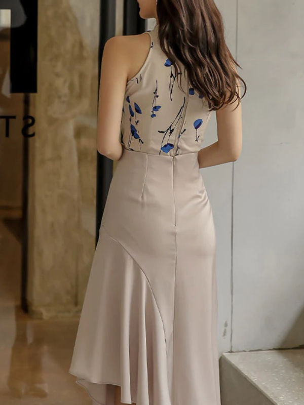 Fashionable Printed Top With High Waist Split Ruffles Skirt Set