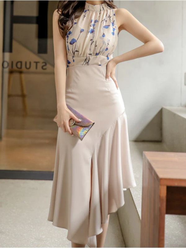 Fashionable Printed Top With High Waist Split Ruffles Skirt Set