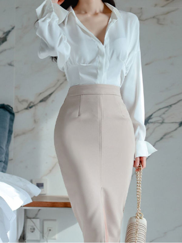 Formal Fashion White Top With Bodycon Skirt Set